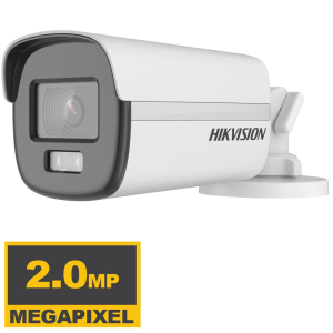 Hikvision-DS-2CE12DF0T-F-(3.6mm)-2MP-ColorVu-Fixed-Bullet-Camera-lagos-ikeja-computer-village-arena-alaba-oshodi-abuja-nigeria-distributor High-quality imaging with 2 MP, 1920 × 1080 resolution 24/7 color imaging with F1.0 aperture 3D DNR technology delivers clean and sharp images 2.8 mm, 3.6 mm, 6 mm fixed focal lens Up to 40 m white light distance for bright night imaging One port for four switchable signals (TVI/AHD/CVI/CVBS) Water and dust resistant (IP67)